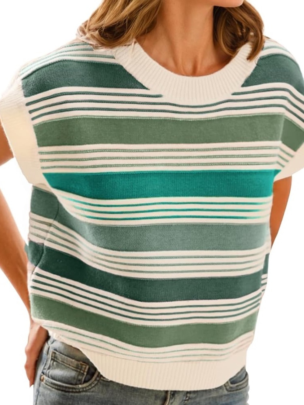 Womens Cap Sleeve Sweater Vest Striped Color Block Loose Tank Tops white green S